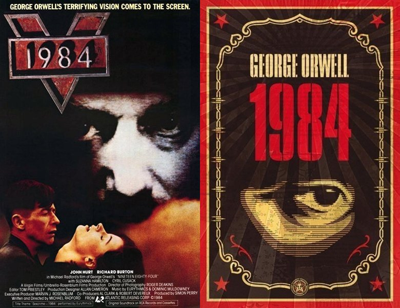 1984. Poster of the 1984 movie and cover of the 1949 book