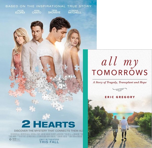 2 Hearts (2020) Movie poster and book cover compared.