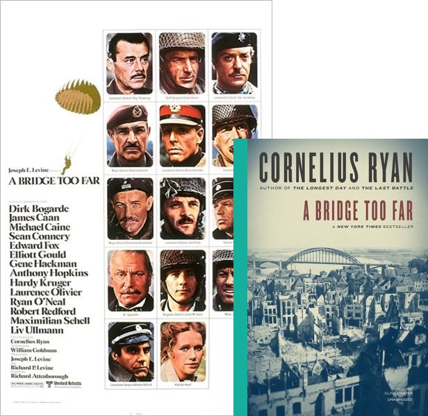 A Bridge Too Far (1977) Movie poster and book cover compared.