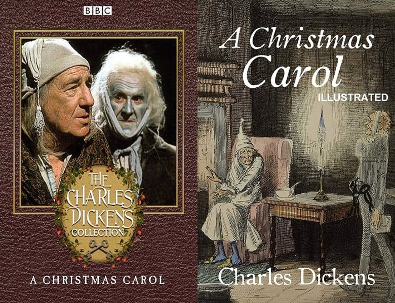 A Christmas Carol. Poster of the 1977 movie and cover of the 1843 book