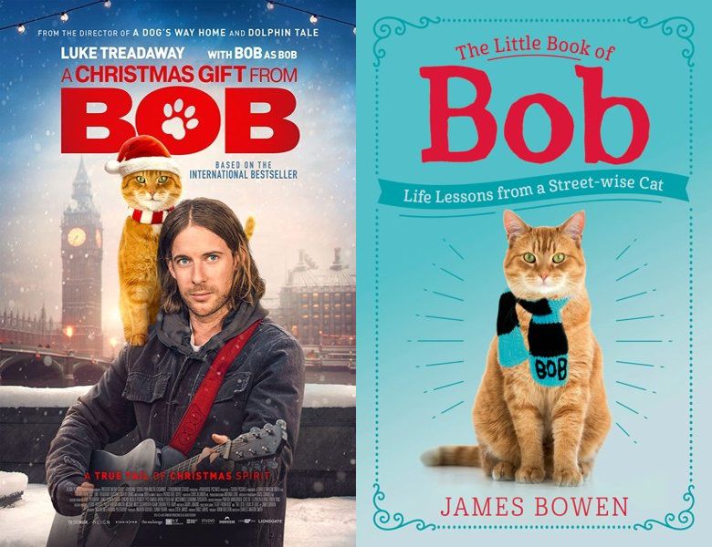 A Christmas Gift from Bob. Poster of the 2020 movie and cover of the 2018 book, The Little Book of Bob