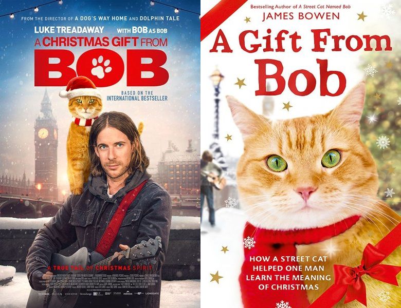 A Christmas Gift from Bob. Poster of the 2020 movie and cover of the 2014 book, A Gift from Bob