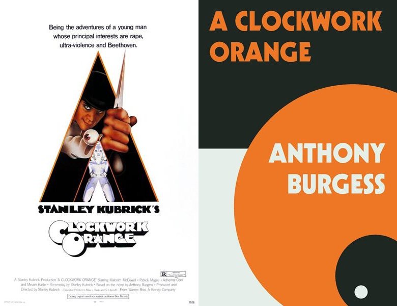A Clockwork Orange. Poster of the 1971 movie and cover of the 1962 book