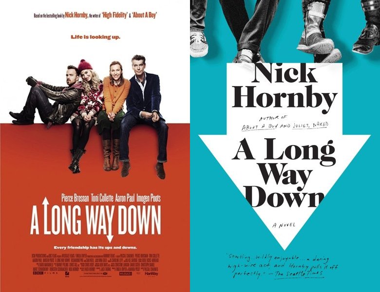 A Long Way Down. Poster of the 2014 movie and cover of the 2005 book