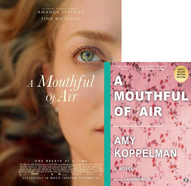 A Mouthful of Air (2021) Movie poster and book cover compared.