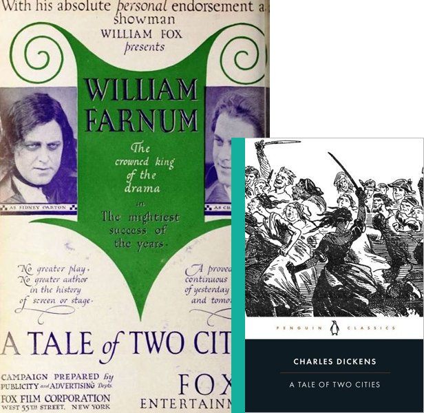 A Tale of Two Cities (1917) Movie poster and book cover compared.