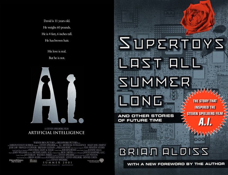 A.I. Artificial Intelligence. Poster of the 2001 movie and cover of the 1969 book, Supertoys Last All Summer Long