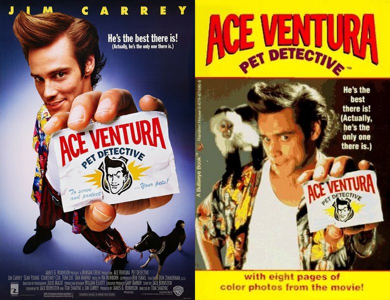 Ace Ventura: Pet Detective. Poster of the 1994 movie and cover of the book novelization