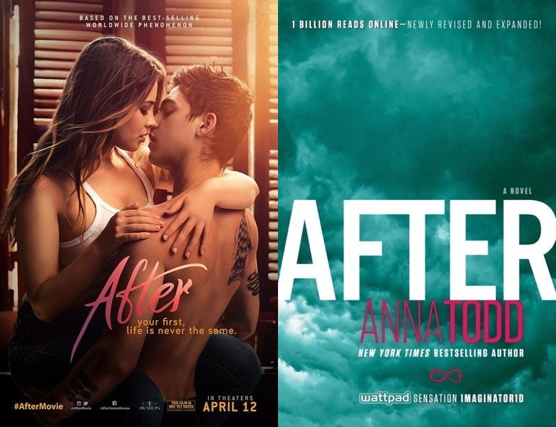 After. Poster of the 2019 movie and cover of the 2014 book