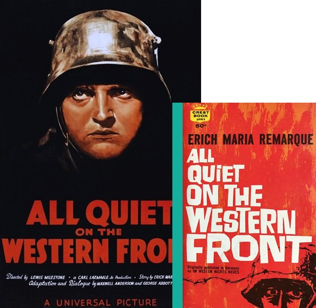 All Quiet on the Western Front (1930) Movie poster and book cover compared.