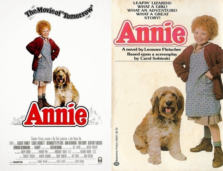 Annie. Poster of the 1982 movie and cover of the book novelization