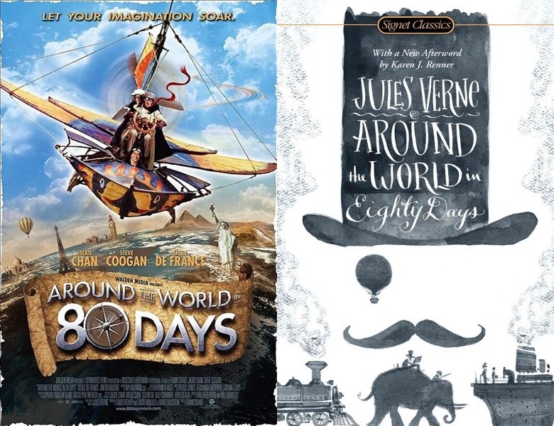 Around the World in 80 Days. Poster of the 2004 movie and cover of the 1872 book, Around the World in Eighty Days