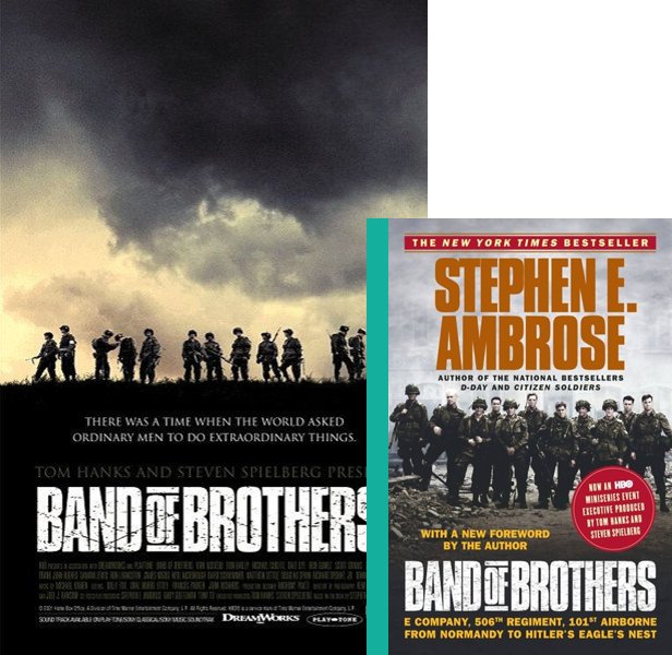 Band of Brothers (2001) TV Mini-Series poster and book cover compared.