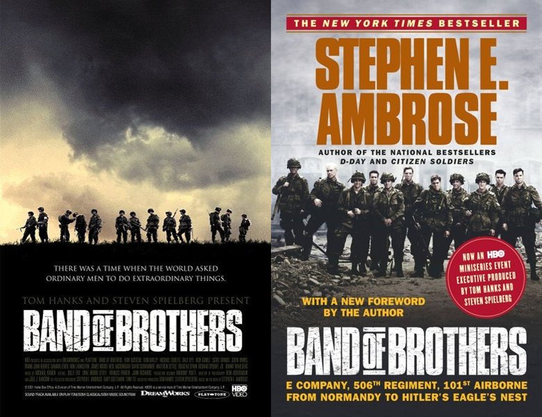 Band of Brothers. Poster of the 2001 TV series and cover of the 1992 book