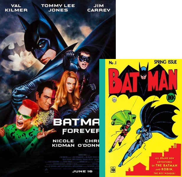 Batman Forever (1995) Movie poster and comic book cover compared.