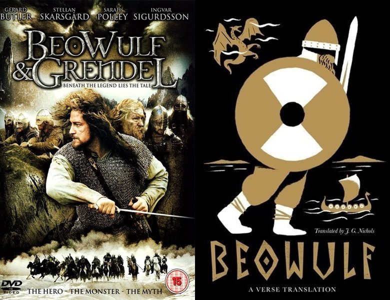 Beowulf & Grendel. Poster of the 2005 movie and cover of the 900 book, Beowulf
