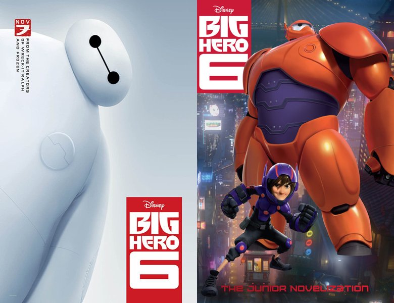 Big Hero 6. Poster of the 2014 movie and cover of the book novelization