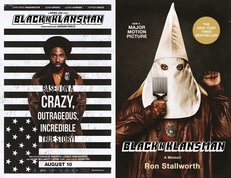 BlacKkKlansman. Poster of the 2018 movie and cover of the 2014 book, Black Klansman