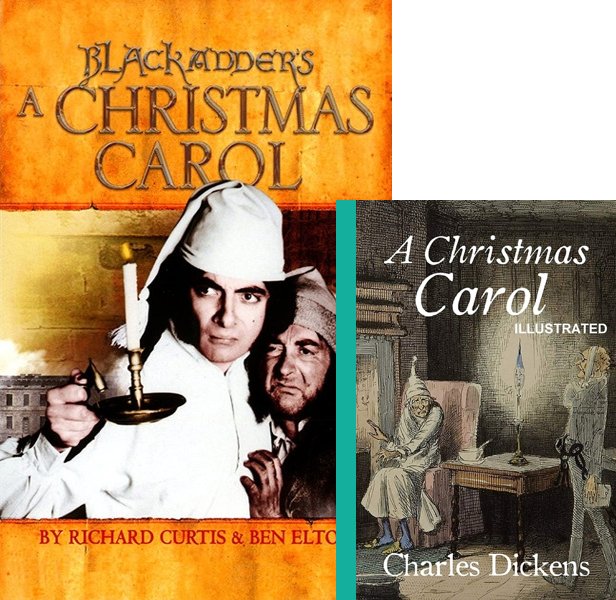 Blackadder's Christmas Carol (1988) Movie poster and book cover compared.