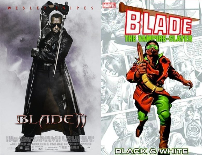 Blade II. Poster of the 2002 movie and cover of the 1973 comic book, Blade: The Vampire-Slayer