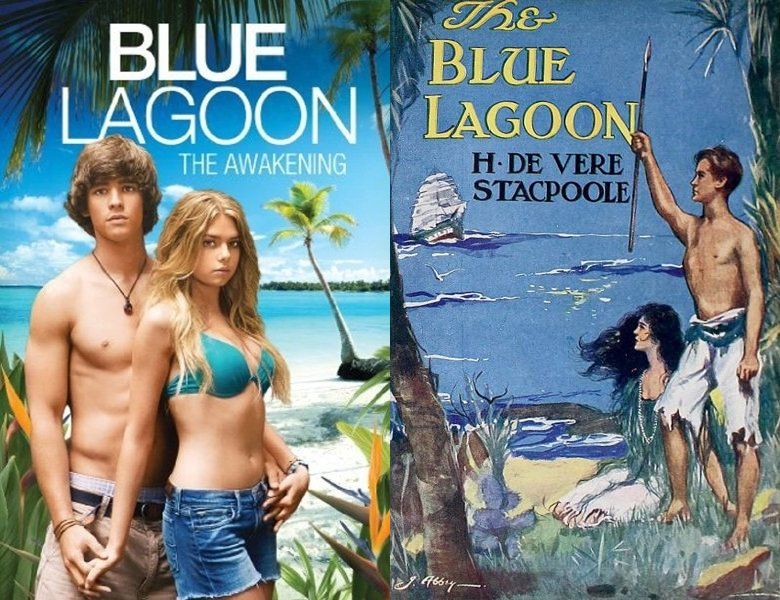 Blue Lagoon: The Awakening. Poster of the 2012 movie and cover of the 1908 book, The Blue Lagoon