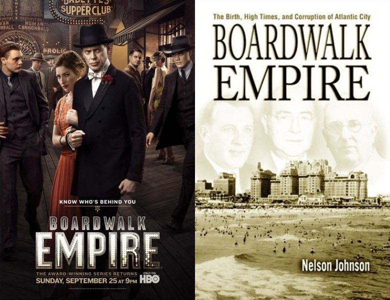 Boardwalk Empire. Poster of the 2010 TV series and cover of the 2002 book