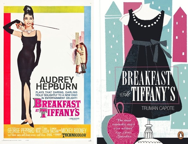 Breakfast at Tiffany's. Poster of the 1961 movie and cover of the 1958 book