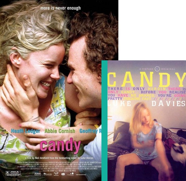 Candy (2006) Movie poster and book cover compared.