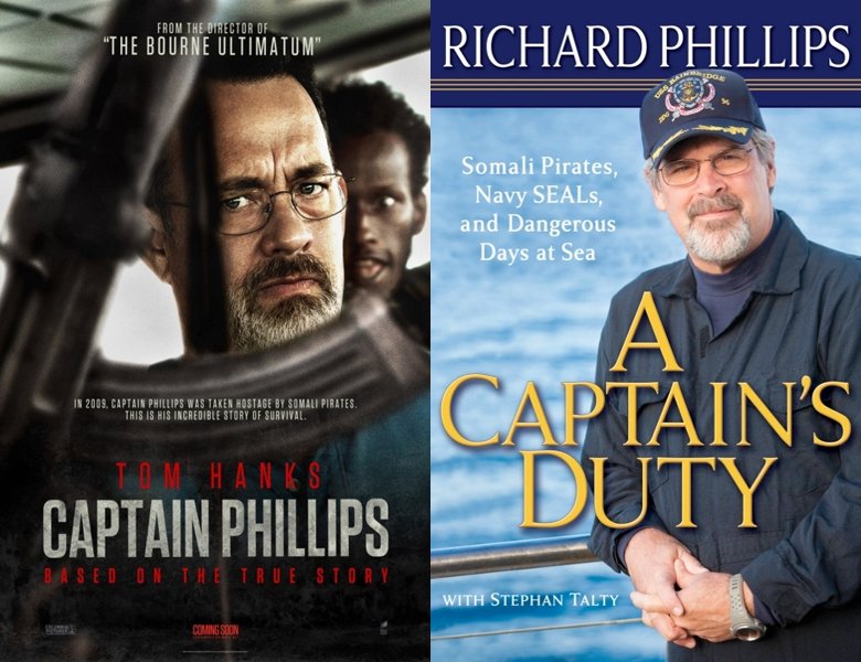 Captain Phillips. Poster of the 2013 movie and cover of the 2010 book, A Captain's Duty