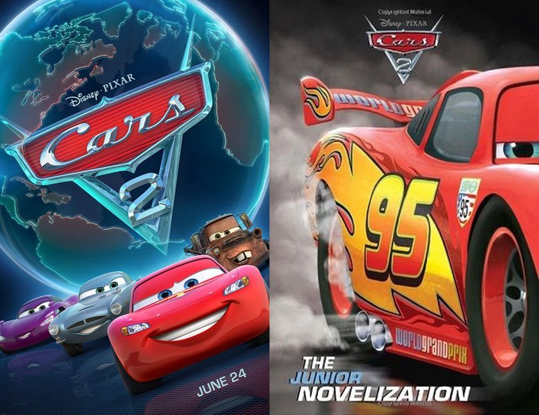 Cars 2. Poster of the 2011 movie and cover of the book novelization