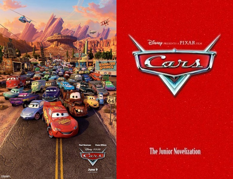 Cars. Poster of the 2006 movie and cover of the book novelization