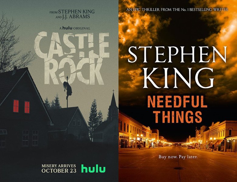 Castle Rock. Poster of the 2018 TV series and cover of the 1991 book, Needful Things