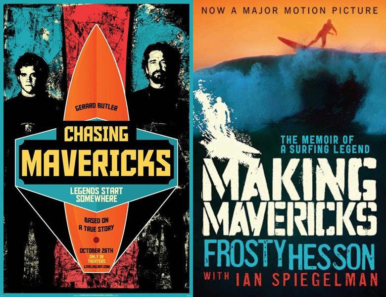 Chasing Mavericks. Poster of the 2012 movie and cover of the book novelization