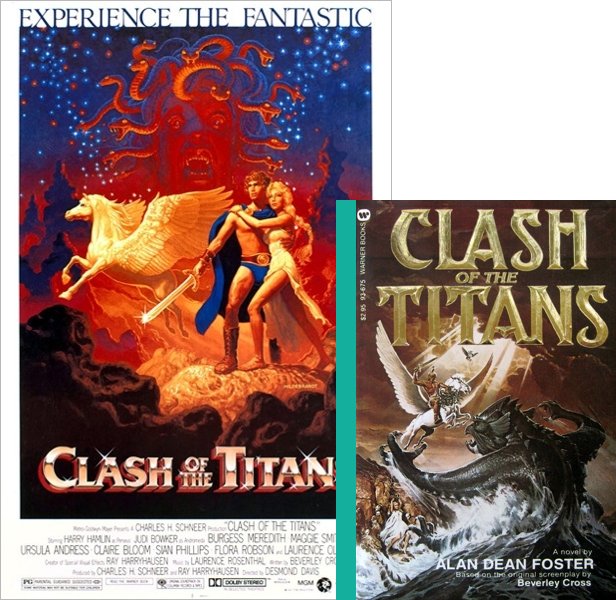 Clash of the Titans (1981) Movie poster and book cover compared.