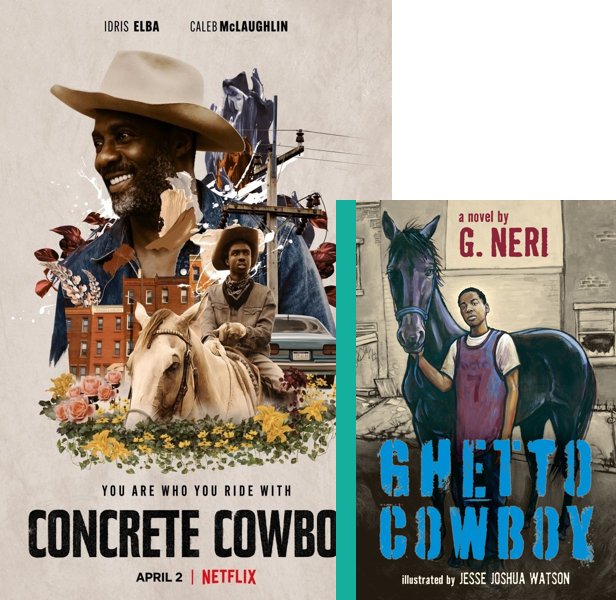 Concrete Cowboy (2020) Movie poster and book cover compared.