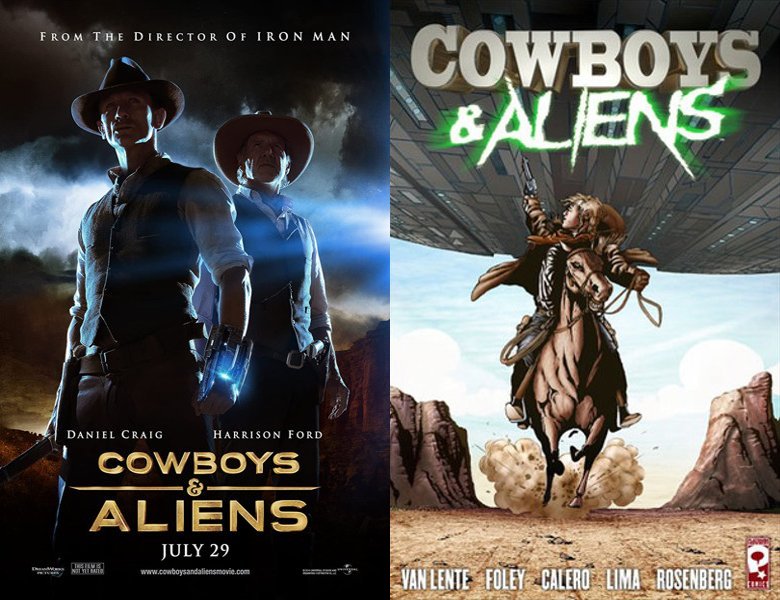 Cowboys & Aliens. Poster of the 2011 movie and cover of the 2006 comic book, Cowboys and Aliens