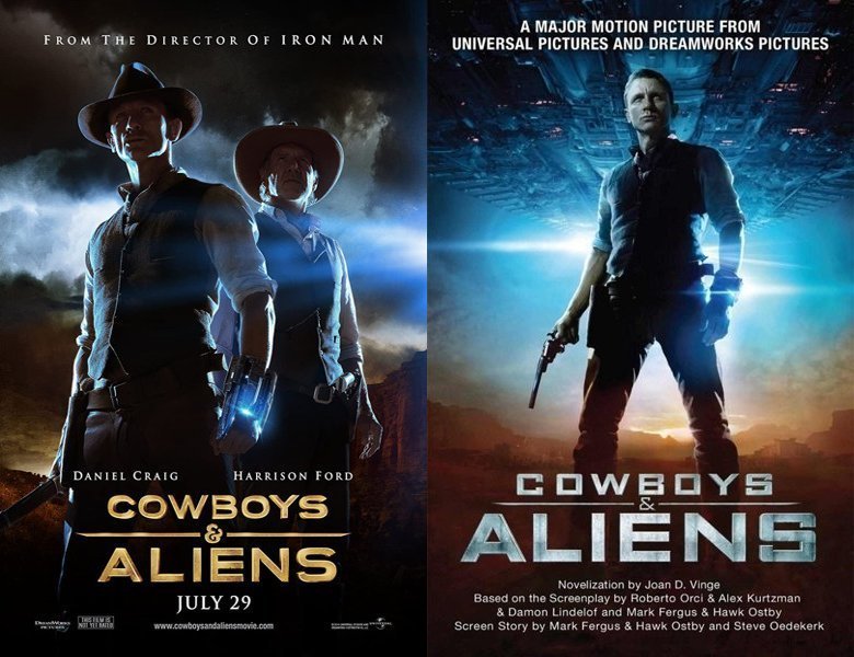 Cowboys & Aliens. Poster of the 2011 movie and cover of the book novelization