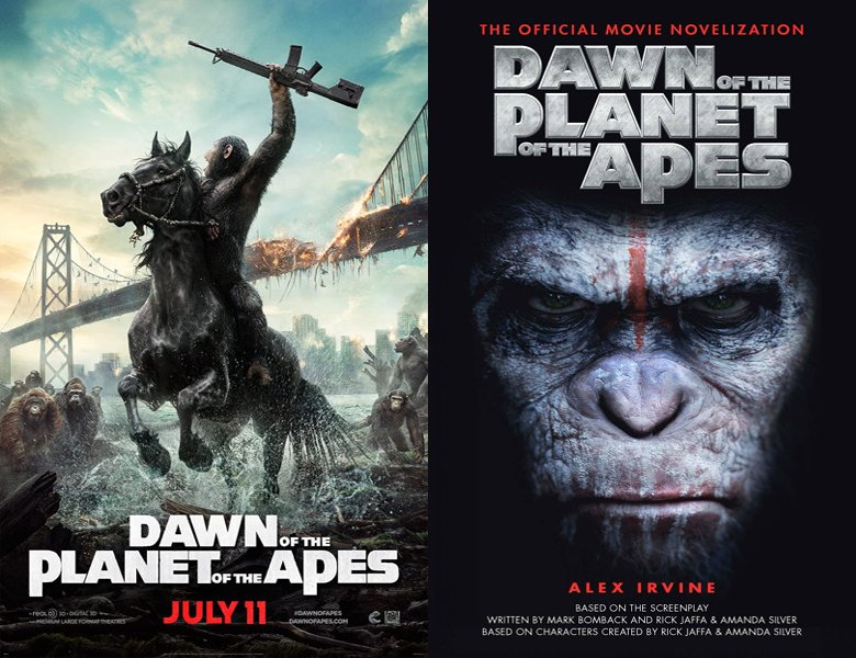 Dawn of the Planet of the Apes. Poster of the 2014 movie and cover of the book novelization