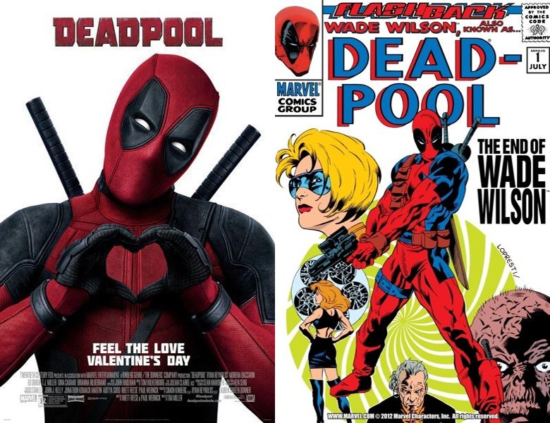 Deadpool. Poster of the 2016 movie and cover of the 2014 comic book