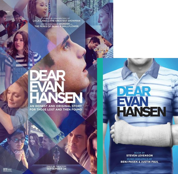 Dear Evan Hansen (2021) Movie poster and book cover compared.