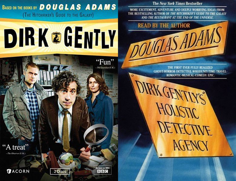 Dirk Gently. Poster of the 2010 TV series and cover of the 1987 book, Dirk Gently's Holistic Detective Agency