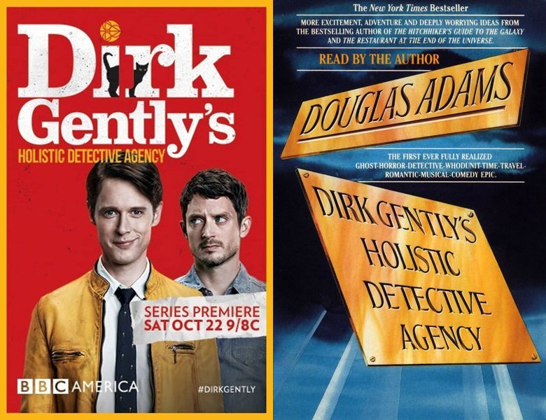 Dirk Gently's Holistic Detective Agency. Poster of the 2016 TV series and cover of the 1987 book