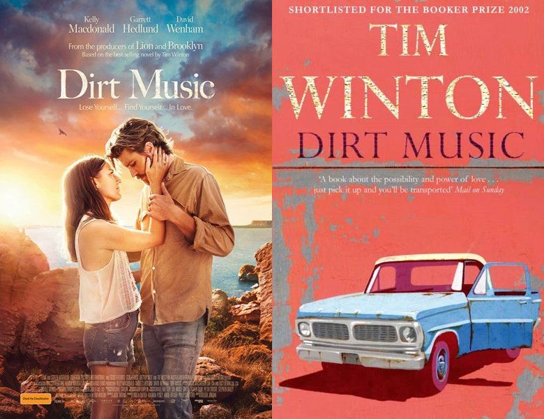 Dirt Music. Poster of the 2019 movie and cover of the 2002 book