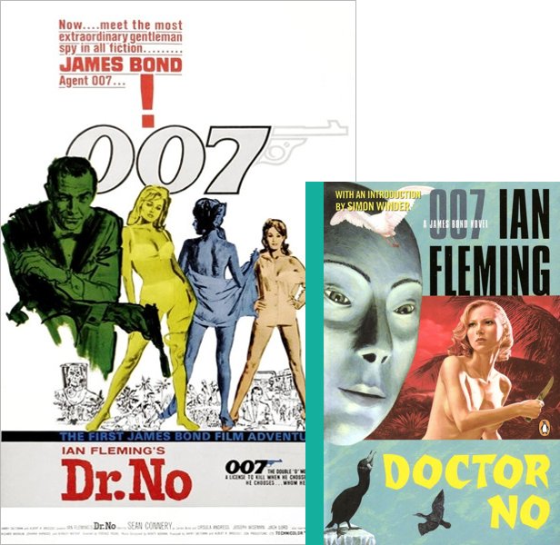 Dr. No (1962) Movie poster and book cover compared.