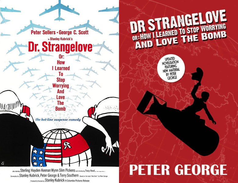 Dr. Strangelove or: How I Learned to Stop Worrying and Love the Bomb. Poster of the 1964 movie and cover of the book novelization