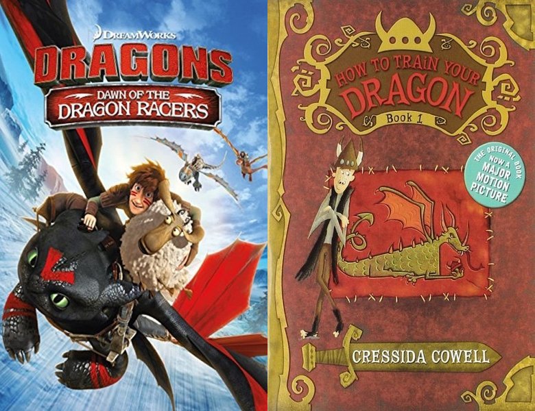 Dragons: Dawn of the Dragon Racers. Poster of the 2014 movie and cover of the 2003 book, How to Train Your Dragon