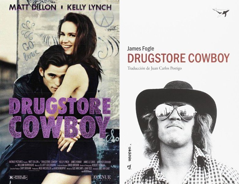 Drugstore Cowboy. Poster of the 1989 movie and cover of the 1990 book