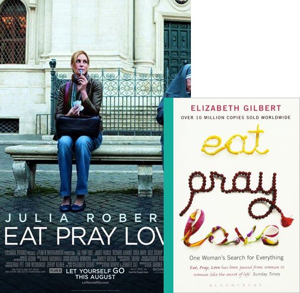 Eat Pray Love (2010) Movie poster and book cover compared.