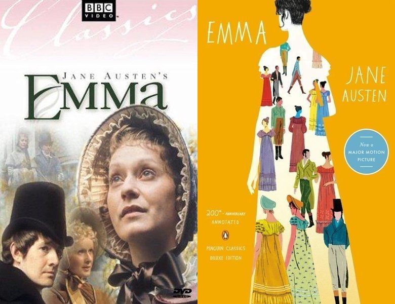 Emma. Poster of the 1972 TV series and cover of the 1815 book