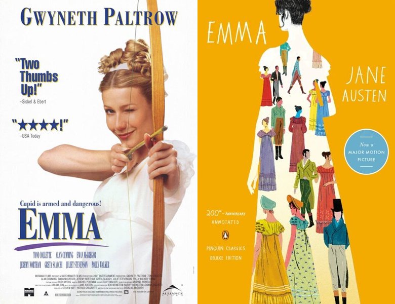 Emma. Poster of the 1996 movie and cover of the 1815 book